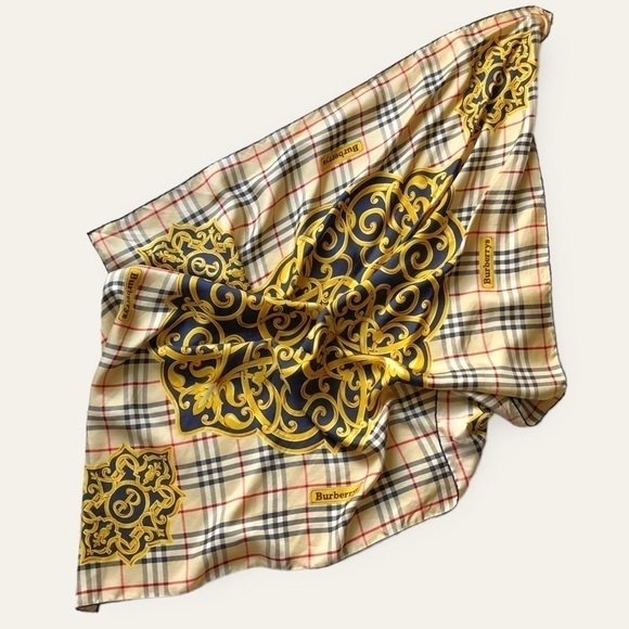 Vintage Burberrys Silk Scarf Nova Check + Baroque Print Made in Italy 34” Square - Picture 1 of 9